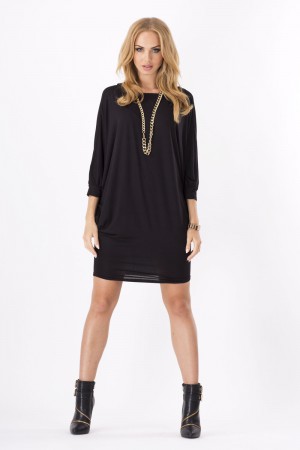 Womens Mini Dress Batwing Boat Neck Long Sleeve Tunic Shift Dress Black-S